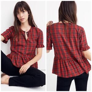 Madewell Women's Studio Ruffle-Hem Top in Clanton Plaid‎ Red  Size 2XS